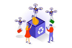 Eco lifestyle concept in 3d isometric design. People collecting light bulbs and batteries with flying drones for recycling, zero waste principe. Vector illustration with isometry scene for web graphic