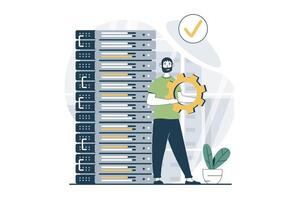 Server maintenance concept with people scene in flat design for web. Man works as tech administrator and fixing equipment in rack room. Vector illustration for social media banner, marketing material.