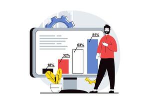 Data analysis concept with people scene in flat design for web. Man working with bar charts, monitoring results and accounting revenue. Vector illustration for social media banner, marketing material.