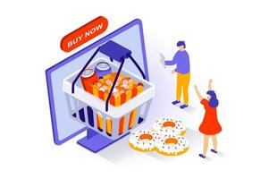 Food delivery concept in 3d isometric design. People order fast food meals in supermarket basket and paying online for purchases and shipping. Vector illustration with isometry scene for web graphic