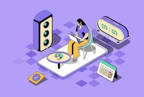 Freelance work concept in 3d isometric design. Woman work as freelancer at home office, doing tasks remotely and communicating online. Vector illustration with isometry people scene for web graphic