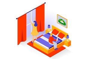 hogar interior concepto en 3d isométrica diseño. personas en dormitorio con doble cama, almohadas y frazada, mesitas de noche con lámparas, ventana cortinas vector ilustración con isometria escena para web gráfico