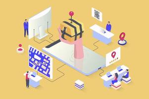 Online delivery concept in 3d isometric design. Customers send and receive parcels, track online, pay for service of logistics company. Vector illustration with isometry people scene for web graphic