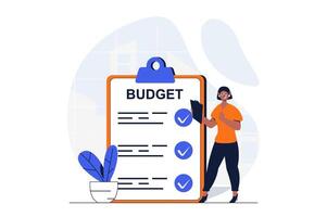 Business planning web concept with character scene. Businesswoman makes tasks list, optimizes company budget. People situation in flat design. Vector illustration for social media marketing material.