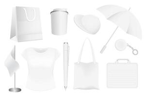 Corporation style objects mega set in graphic flat design. Bundle elements of white mockup of bag, cup, cap, umbrella, keychain, flag, t-shirt, pen and other. Vector illustration isolated stickers