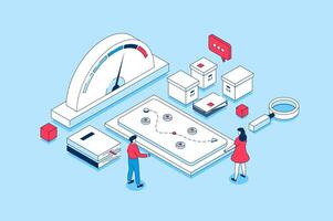 Crisis management concept in 3d isometric design. People analyzing data and speedometer, brainstorming, creatine new route, solving problem. Vector illustration with isometry scene for web graphic