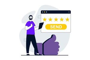 Feedback page concept with people scene in flat design for web. Man sending client experience review and user rating with five stars. Vector illustration for social media banner, marketing material.