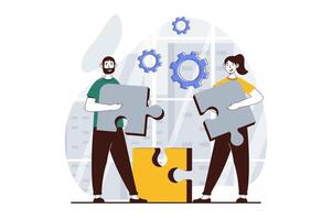 Teamwork concept with people scene in flat design for web. Woman and man holding puzzle pieces, working on project and supporting. Vector illustration for social media banner, marketing material.