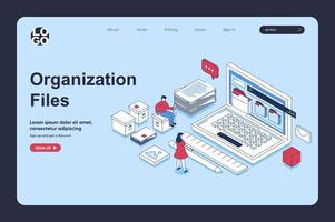 Electronic organization files concept in 3d isometric design for landing page template. People organizing files in folders on laptop, share and storage digital documents. Vector illustration for web