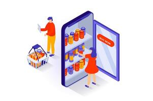 Online shopping concept in 3d isometric design. People choosing goods in store assortment at webpage, ordering delivery and paying in app. Vector illustration with isometry scene for web graphic