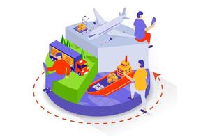 Transportation and logistics concept in 3d isometric design. People work at delivery company with truck and air freight, marine distribution. Vector illustration with isometry scene for web graphic