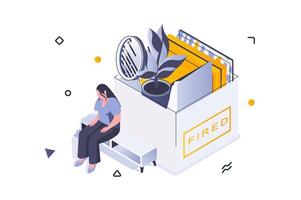 Unemployment crisis concept in 3d isometric design. Sad fired woman loses her job and sits near box with things, dismissed employee. Vector illustration with isometric people scene for web graphic