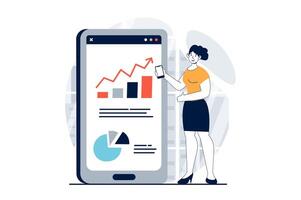 Strategic planning concept with people scene in flat design for web. Woman making analytics research in app for business development. Vector illustration for social media banner, marketing material.