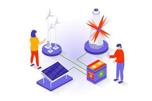 Eco lifestyle concept in 3d isometric design. People using wind turbines and solar panels for green energy generation, care natural resources. Vector illustration with isometry scene for web graphic