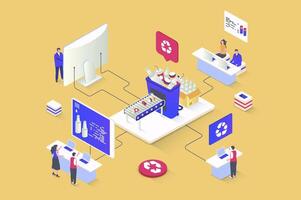 Waste management concept in 3d isometric design. Eco friendly technology, disposal sorting, separating garbage for recycling process. Vector illustration with isometry people scene for web graphic