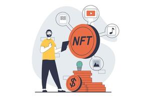 NFT token concept with people scene in flat design for web. Man investing cryptocurrencies in digital artworks with non fungible token. Vector illustration for social media banner, marketing material.