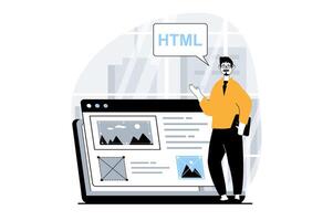 Web development concept with people scene in flat design. Man creating page layout, placing blocks, filling with content and elements. Vector illustration for social media banner, marketing material.