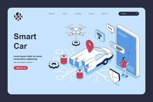 Smart car concept in 3d isometric design for landing page template. People using autonomous automobile service with online navigation map, managing car st smartphone app. Vector illustration for web