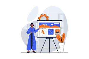 Web development concept with character scene. Woman creating different elements and developing layout pages. People situation in flat design. Vector illustration for social media marketing material.