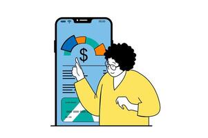 Finance concept with people scene in flat web design. Woman using online banking services and monitoring financial data in mobile app. Vector illustration for social media banner, marketing material.