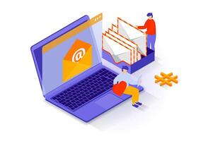 Social media concept in 3d isometric design. People communicate online, sending and receiving email and notification about messages and letters. Vector illustration with isometry scene for web graphic