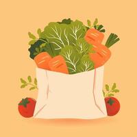 Vector illustration in flat style. Paper bag with groceries.