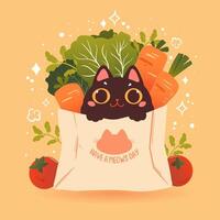 Vector illustration in flat style. Paper bag with groceries and a cute cat.