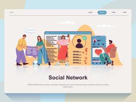 Social network web concept for landing page in flat design. Man and woman chatting online, sending messages, leaving comments and likes. Vector illustration with people scene for website homepage