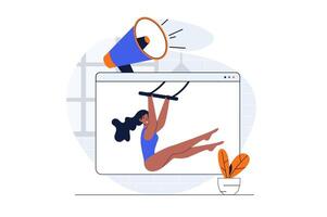 Circus web concept with character scene. Circus acrobat performs with entertaining number and shows tricks. People situation in flat design. Vector illustration for social media marketing material.