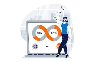 devops concepto con personas escena en plano diseño para web. mujer utilizando ágil proyecto administración para mejoramiento programación procesos. vector ilustración para social medios de comunicación bandera, márketing material.