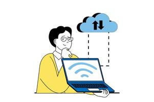 Cloud computing concept with people scene in flat web design. Man using wifi connect for getting access for cloud storage with files. Vector illustration for social media banner, marketing material.