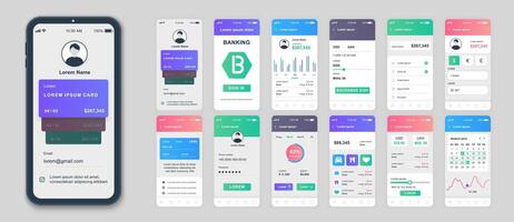 Banking mobile app screens set for web templates. Pack of account login, financial statistic, online payments, currency transfer. UI, UX, GUI user interface kit for cellphone layouts. Vector design