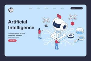 Artificial intelligence concept in 3d isometric design for landing page template. People working and programming ai robots, machine learning, creating circuit technology. Vector illustration for web