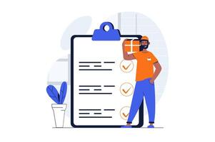 Delivery service web concept with character scene. Man holding cardboard box and check information in list. People situation in flat design. Vector illustration for social media marketing material.