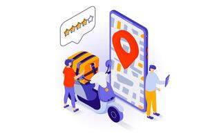 Food delivery concept in 3d isometric design. People ordering meals at lunch from restaurant and courier motorbike shipping using mobile app. Vector illustration with isometry scene for web graphic