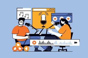 Podcast streaming concept with people scene in flat design for web. Journalist and host broadcasting in and live discussing at studio. Vector illustration for social media banner, marketing material.