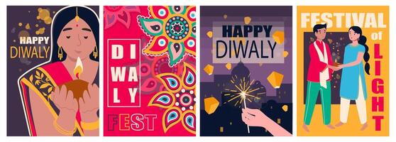 Diwali fest cover brochure set in trendy flat design. Poster templates with indian woman and man hold oil lamps, bright festival mandalas and lights, invitation to indian holiday. Vector illustration.