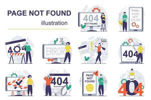Page not found concept with character situations mega set. Bundle of scenes people having problems with connection, seeing error text or 404 mistake on screens. Vector illustrations in flat web design