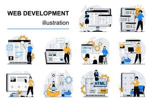 Web development concept with character situations mega set. Bundle of scenes people making websites layouts, placing elements and content, coding and testing. Vector illustrations in flat design