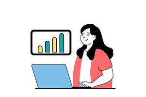 datos análisis concepto con personas escena en plano web diseño. mujer analizando financiero datos a gráfico para contabilidad informes a ordenador portátil. vector ilustración para social medios de comunicación bandera, márketing material.