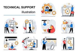 Technical support concept with character situations mega set. Bundle of scenes people consulting and helping clients, solving tech problems, answering calls. Vector illustrations in flat web design