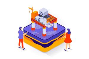 Oil industry concept in 3d isometric design. People work at petroleum platform with machinery infrastructure for fuel production and storage. Vector illustration with isometry scene for web graphic