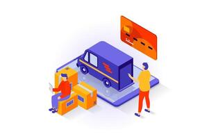 Transportation and logistics concept in 3d isometric design. People use delivery company service for fast shipping in truck and paying by card. Vector illustration with isometry scene for web graphic