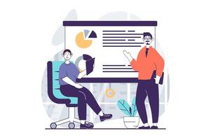 Focus group concept with people scene in flat design for web. Men discussing of data diagram, searching trends and planning strategy. Vector illustration for social media banner, marketing material.