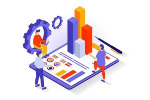 Business and marketing concept in 3d isometric design. People analyzing data on dashboard, developing company, finding solutions for promotion. Vector illustration with isometry scene for web graphic