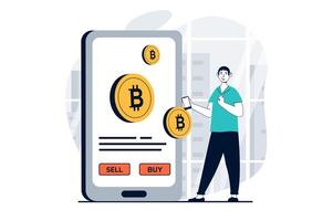 criptomoneda mercado concepto con personas escena en plano diseño para web. hombre comprando o de venta bitcoin utilizando en línea móvil aplicación vector ilustración para social medios de comunicación bandera, márketing material.