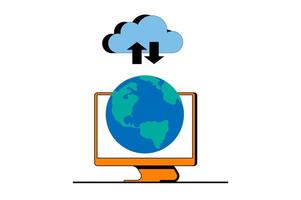 Cloud computing concept with people scene in flat web design. Cloud storage on servers, processing files and internet communication. Vector illustration for social media banner, marketing material.