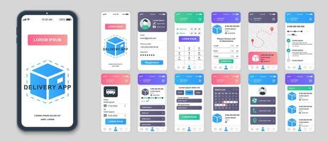Delivery mobile app screens set for web templates. Pack of shipping service, calculate package, tracking parcel with location. UI, UX, GUI user interface kit for cellphone layouts. Vector design