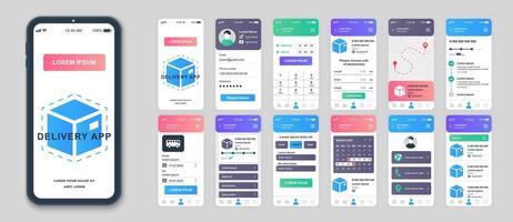 Delivery mobile app screens set for web templates. Pack of shipping service, calculate package, tracking parcel with location. UI, UX, GUI user interface kit for cellphone layouts. Vector design