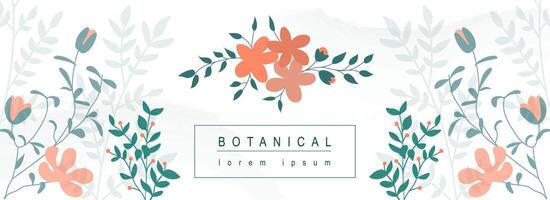 Botanical abstract background with floral line art design. Horizontal web banner in minimal style with blooming red flowers and wildflowers, different green leaves and twigs. Vector illustration.